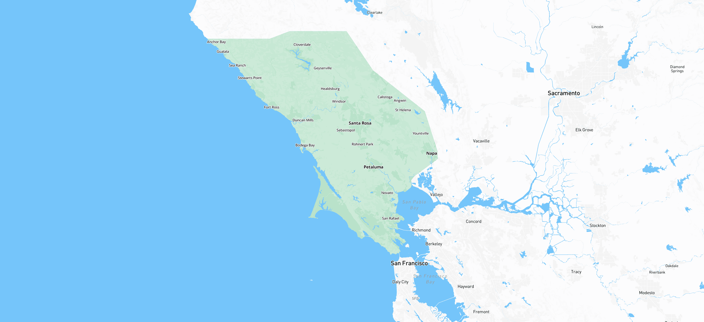 Service area map showing the North Bay coverage including San Francisco Bay Area, Sacramento, and surrounding regions highlighted in green.