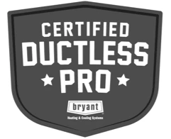 Bryant Certified Ductless Pro badge with shield design and white text on gray background