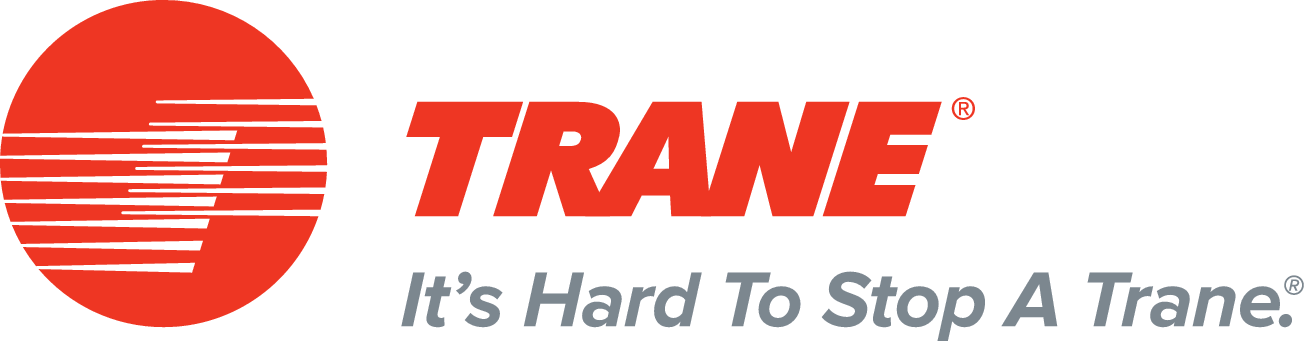 Trane logo with red circle and horizontal lines next to italicized company name and tagline "It's Hard To Stop A Trane"