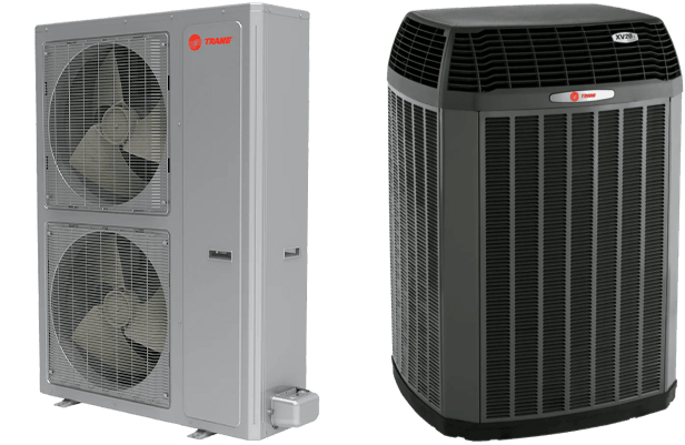 Two Trane air conditioning units: gray outdoor compressor with dual fans on left, black cylindrical condenser unit on right
