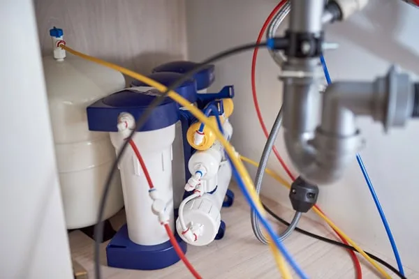 Reverse osmosis system installed under kitchen sink for fresh drinking and household water.