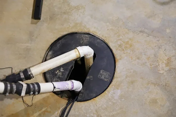Sewer ejector pump basin with white discharge pipe and electrical connections in basement concrete floor.