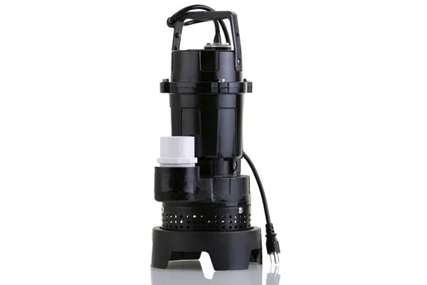 Black submersible sump pump with handle and power cord against white background