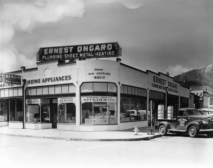 Ernest Ongaro's original appliance and plumbing storefront, a vintage photo from the company's early days