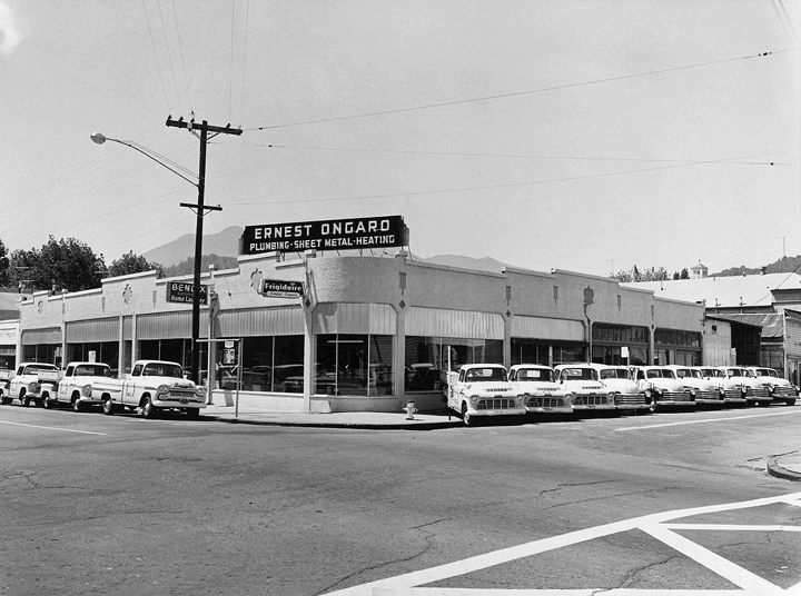A historic Ongaro & Sons building, black-and-white photo from the mid-1900s