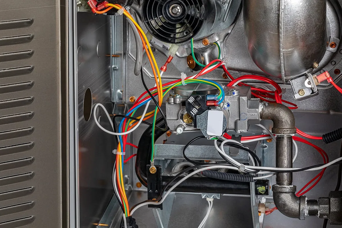 Inside an open gas furnace — gas valve, wiring harness and burner assembly.