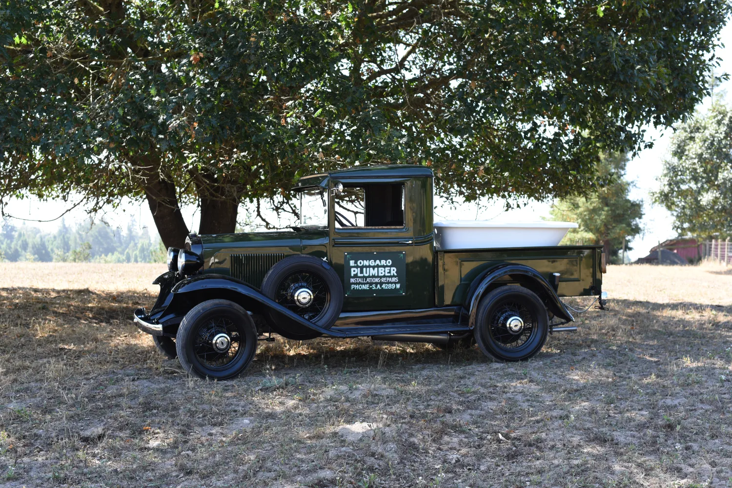 A vintage Ongaro & Sons service truck parked under an oak tree