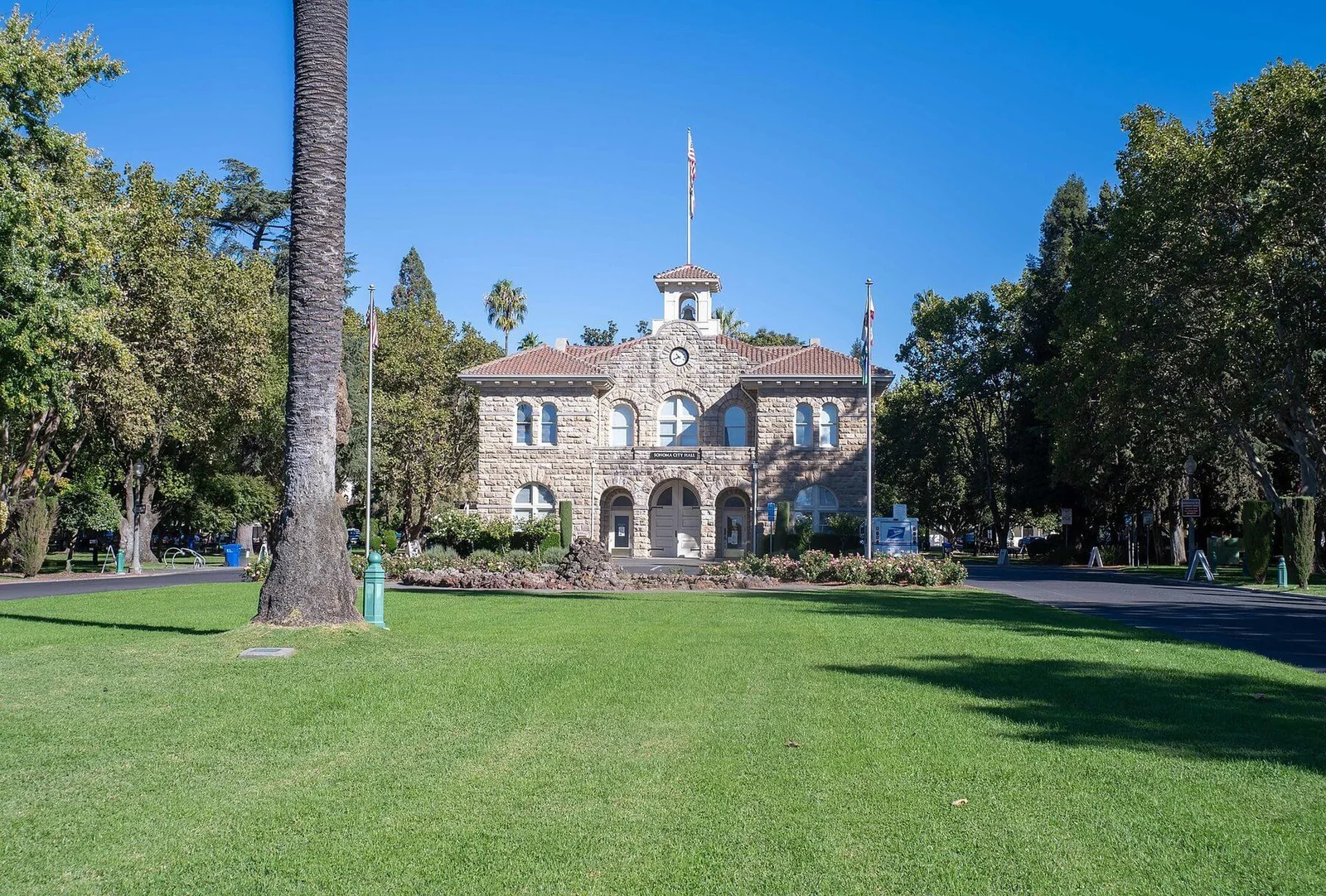 The west lawn of Sonoma Plaza, a registered national historic landmark in Sonoma