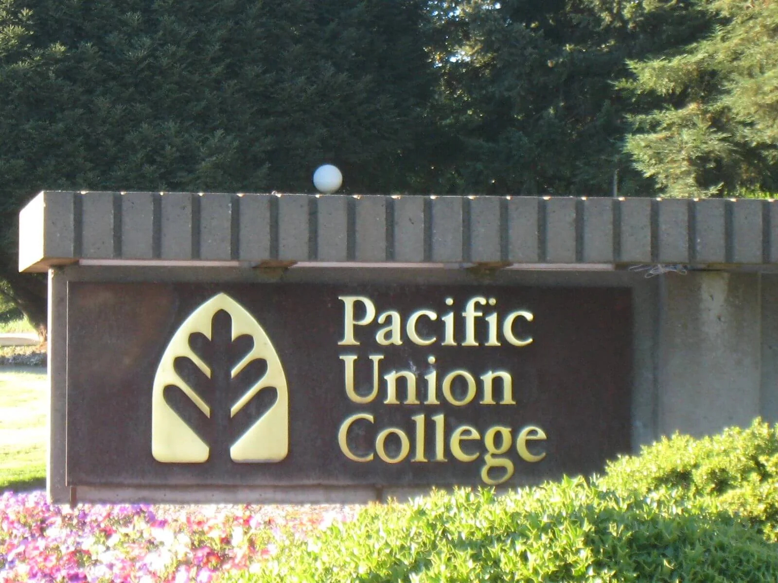 The Pacific Union College campus sign at Angwin, on Howell Mountain