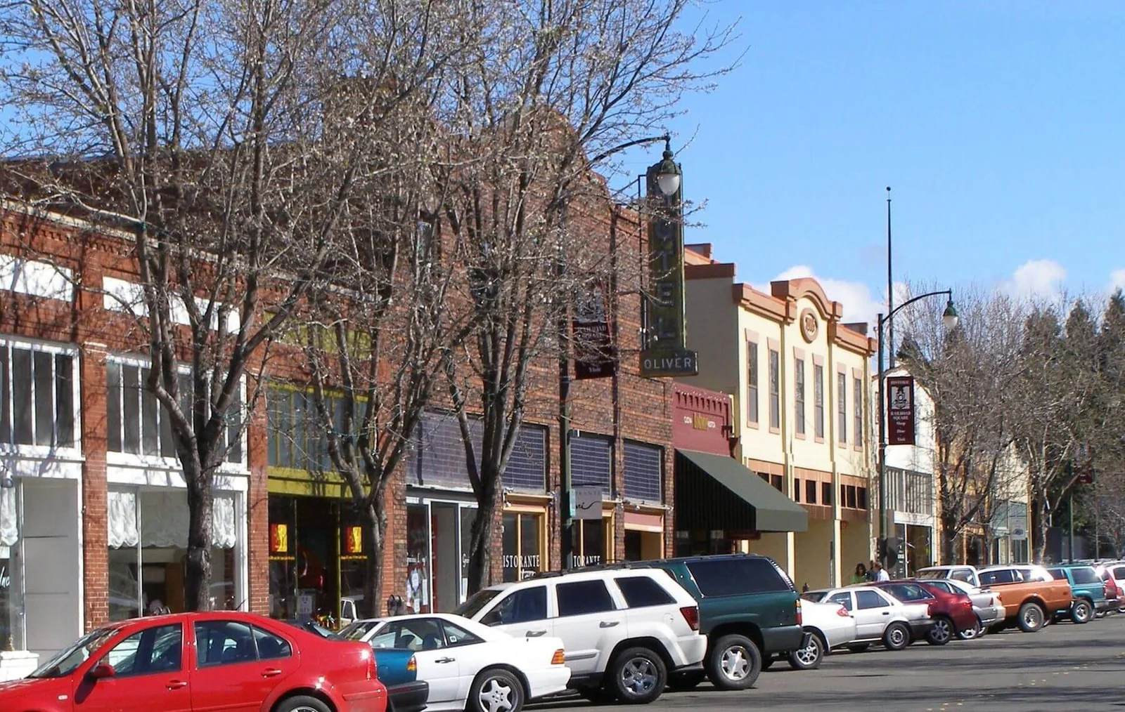 Historic buildings housing restaurants and shops in Santa Rosa's Railroad Square district