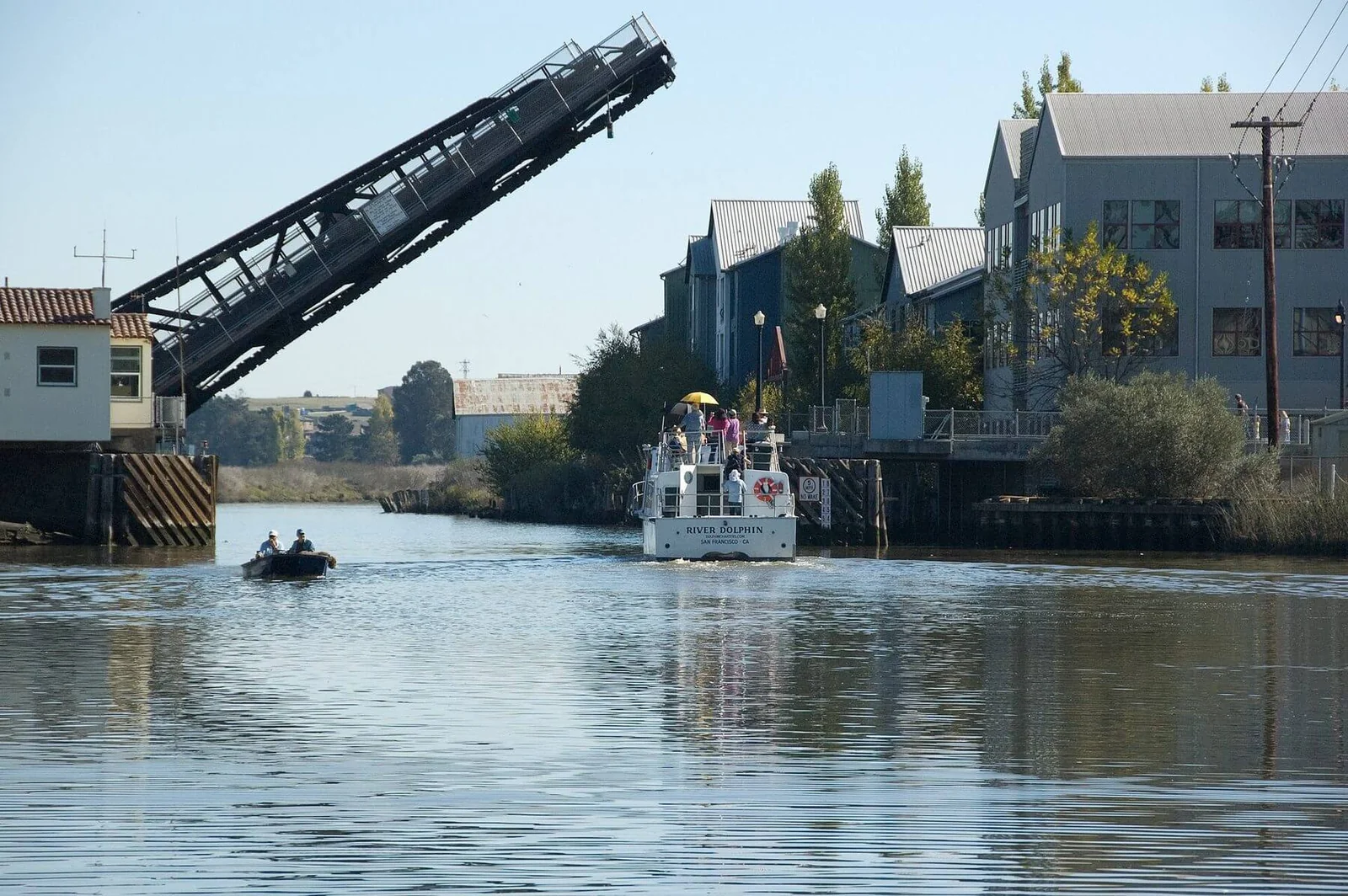 The D Street drawbridge raised over the Petaluma River