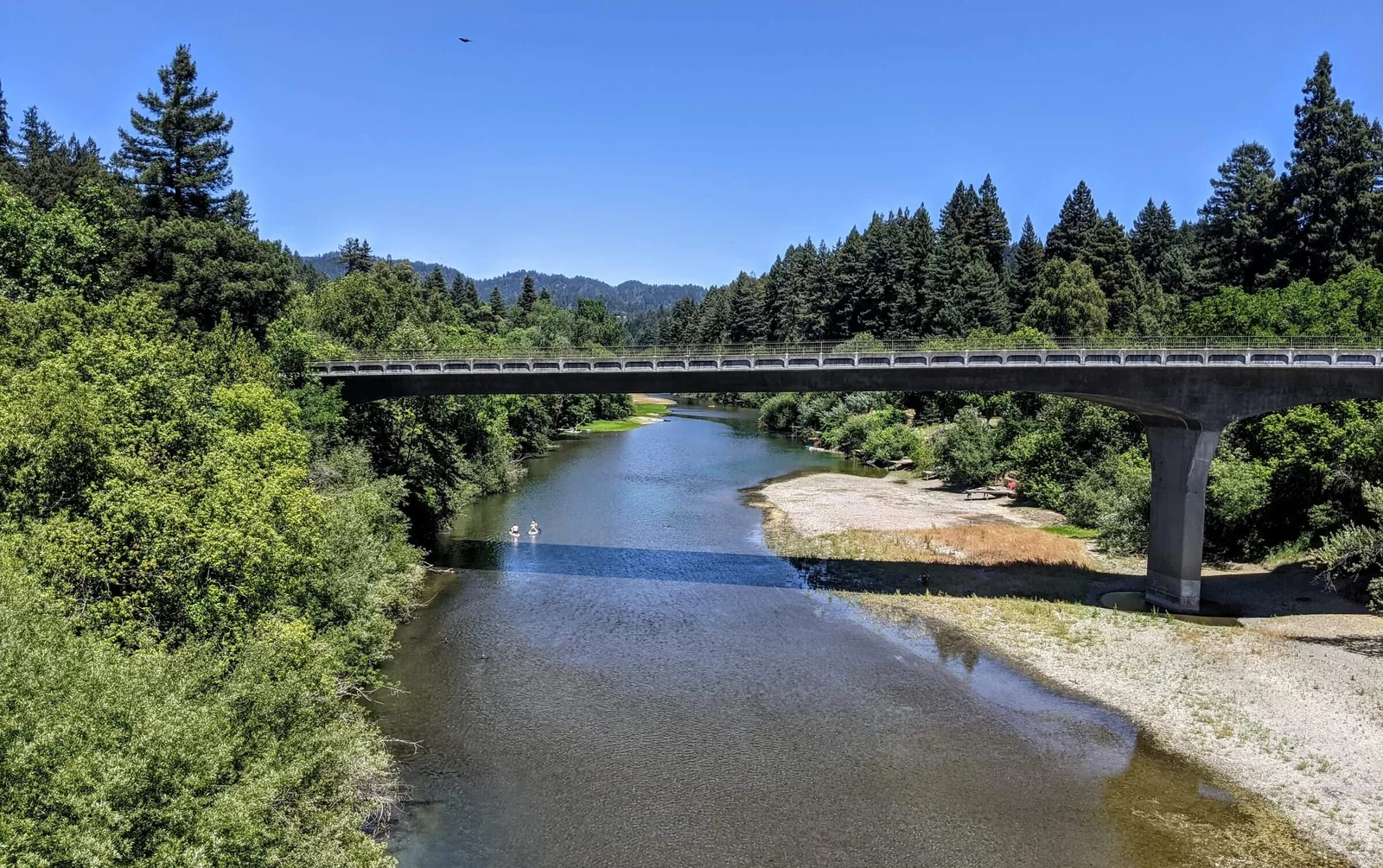 The Russian River at Guerneville, with the town behind the bridge