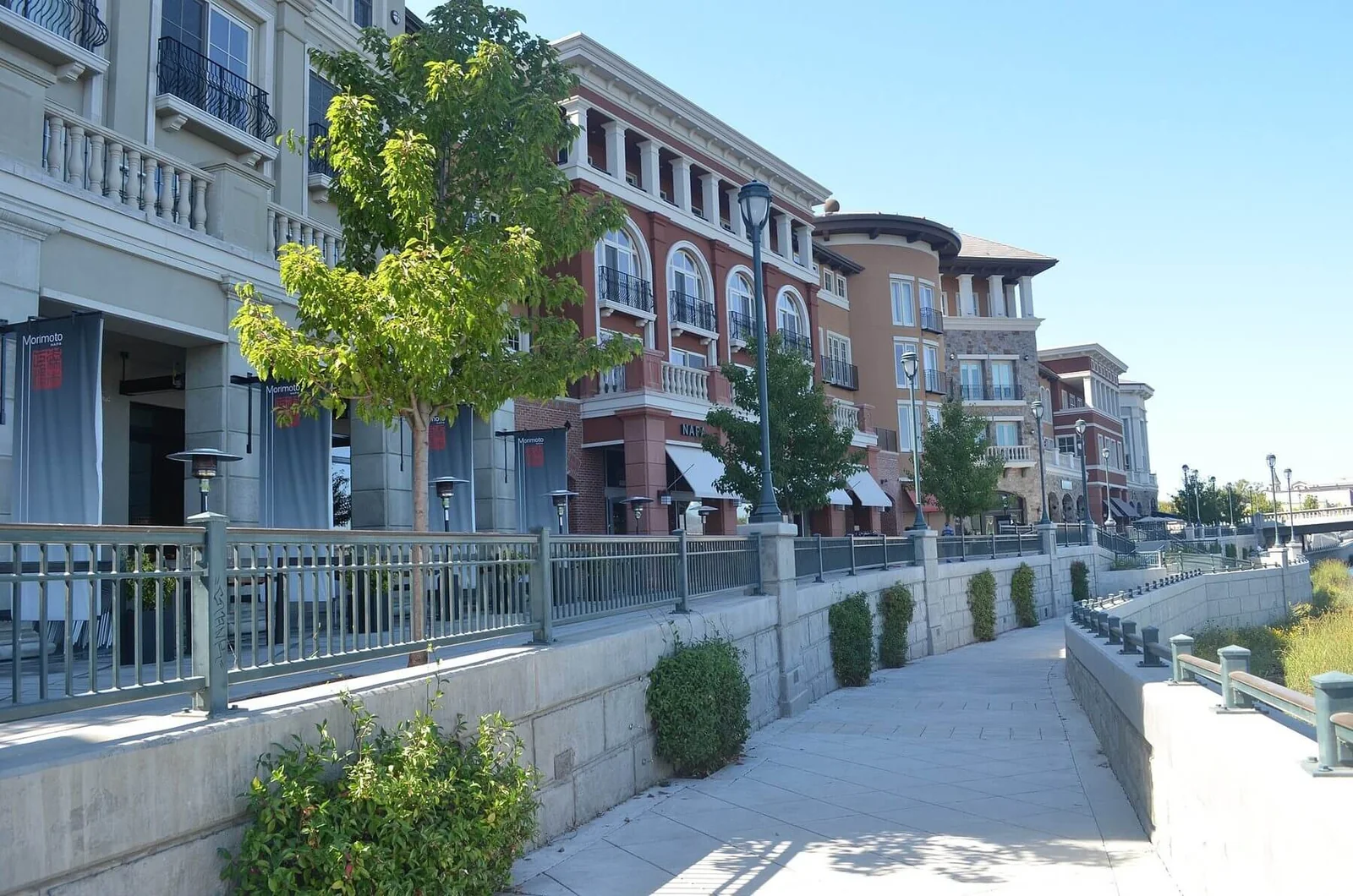 The terraced floodwall and walking path along the Napa River in Napa
