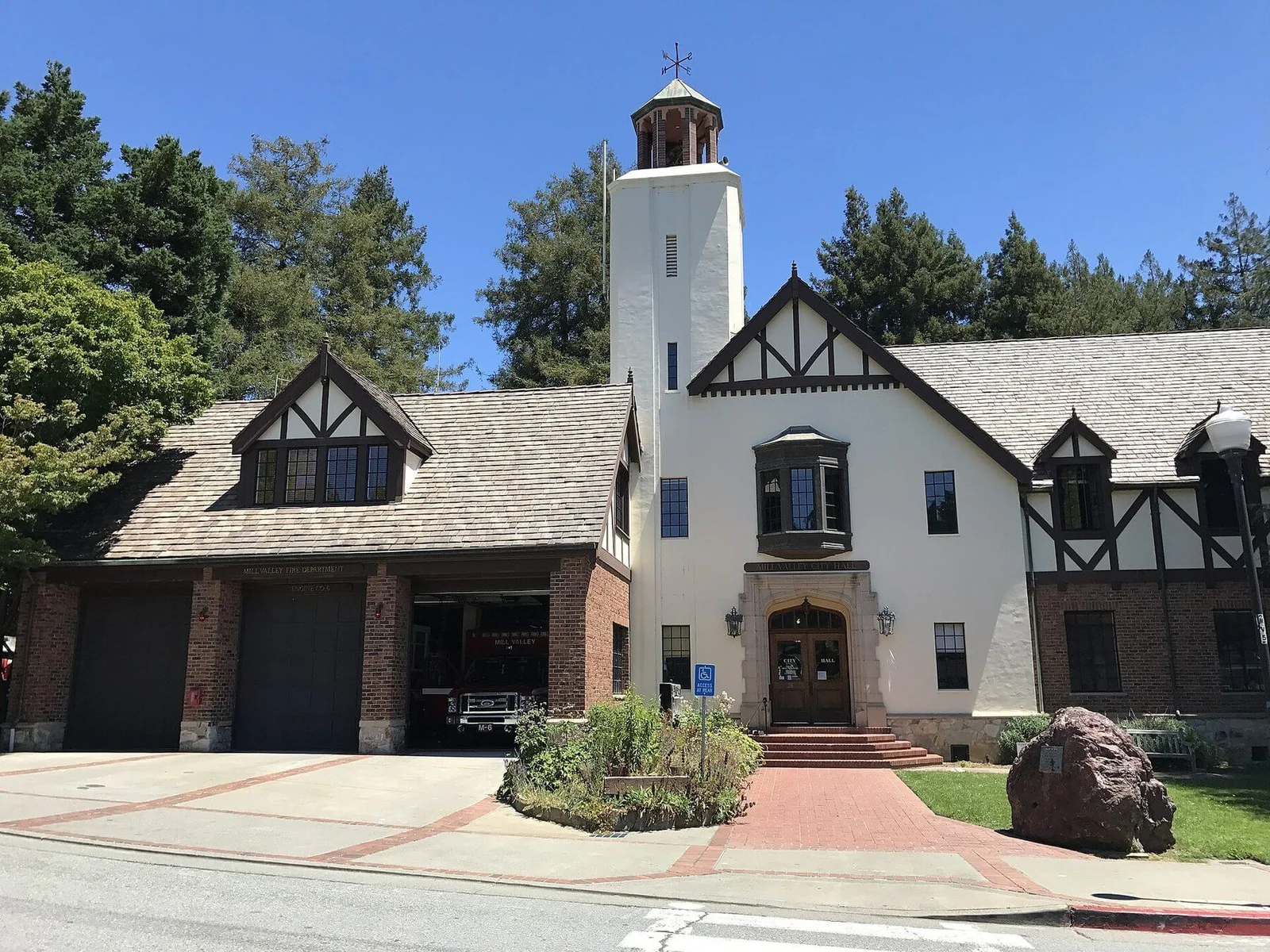 The tower of Mill Valley City Hall in Mill Valley, California