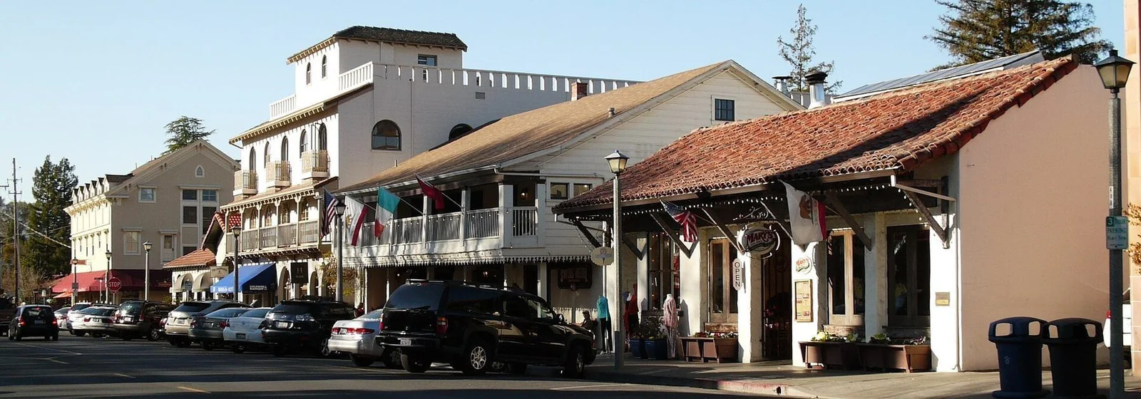 Storefronts along Sonoma Plaza in Sonoma, California