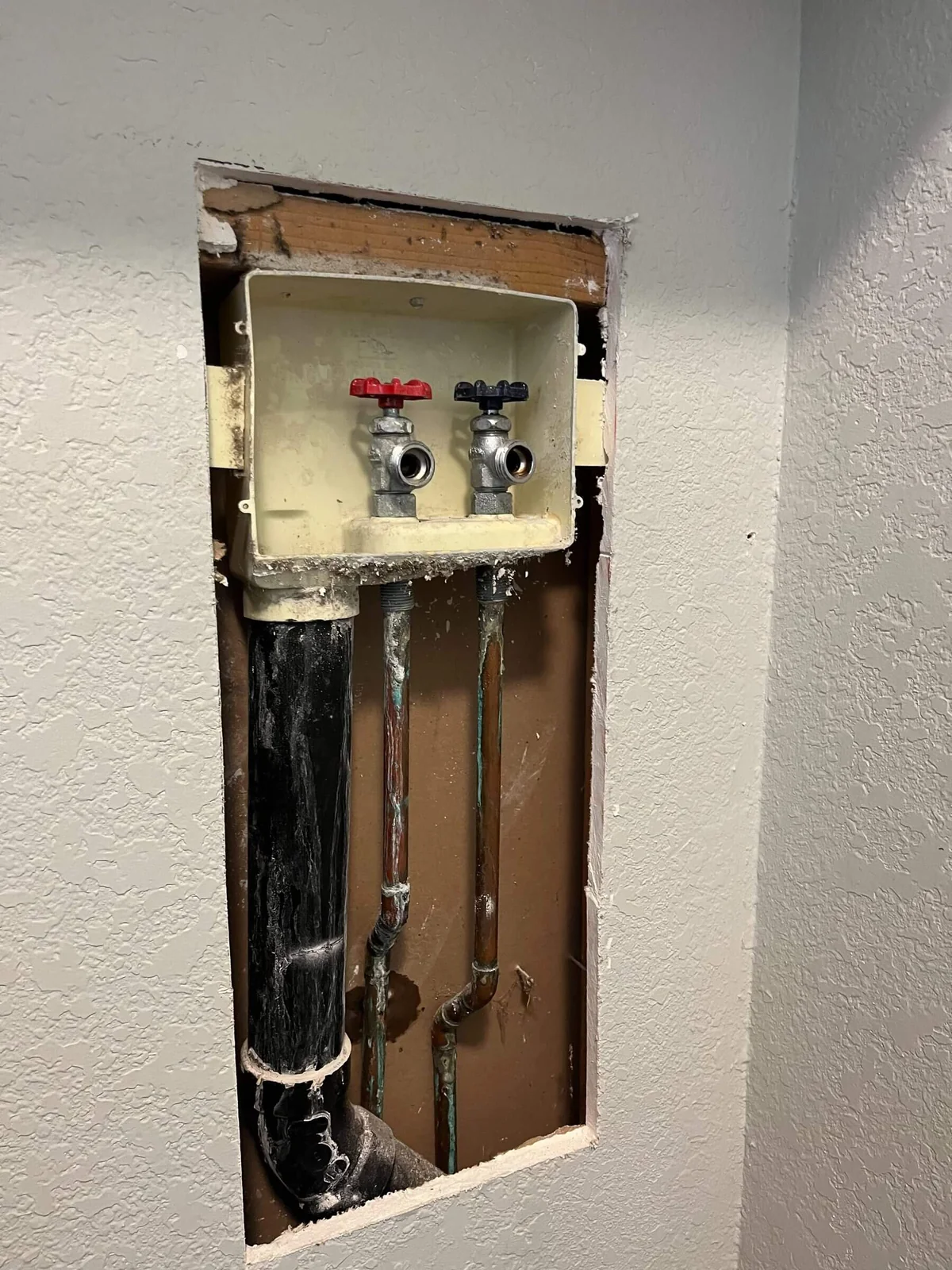 A laundry hookup box opened at the wall to reach the drain and supply lines