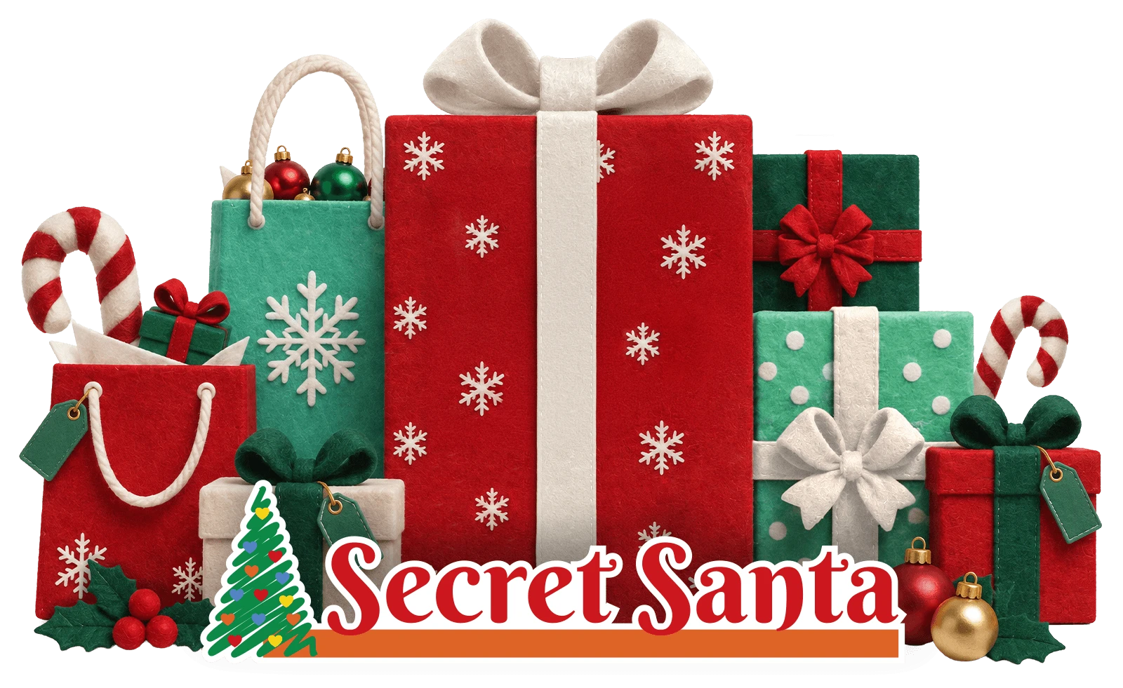 A pile of felt Christmas gifts, gift bags and candy canes with the Secret Santa logo in front.