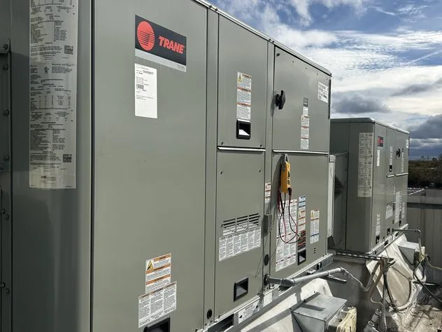 Trane rooftop packaged units on a commercial building