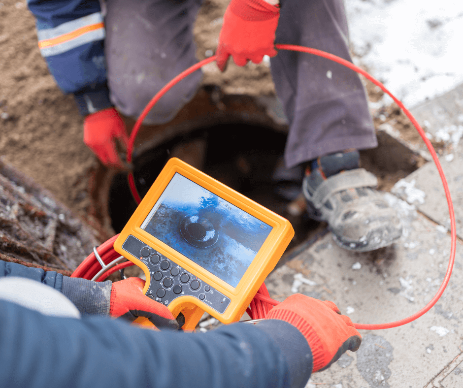 Technician holding a sewer camera monitor displaying the pipe interior during a sewer line inspection.