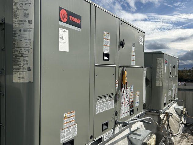 Trane rooftop packaged units on a commercial building